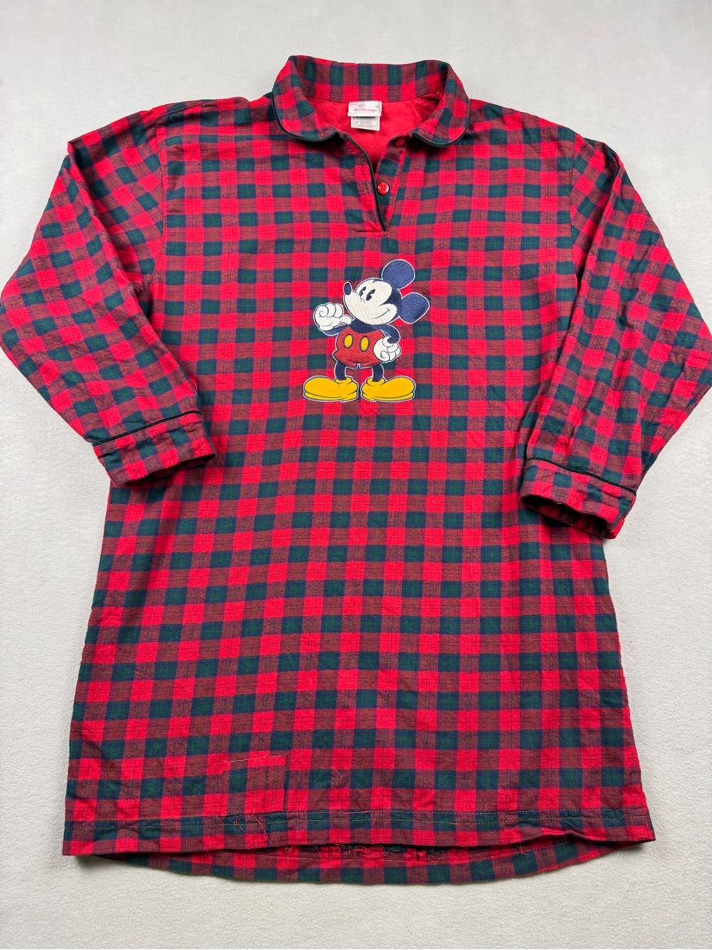 VTG Disney Store Womens Med Red Plaid Mickey Mouse Flannel Nightshirt Sleep